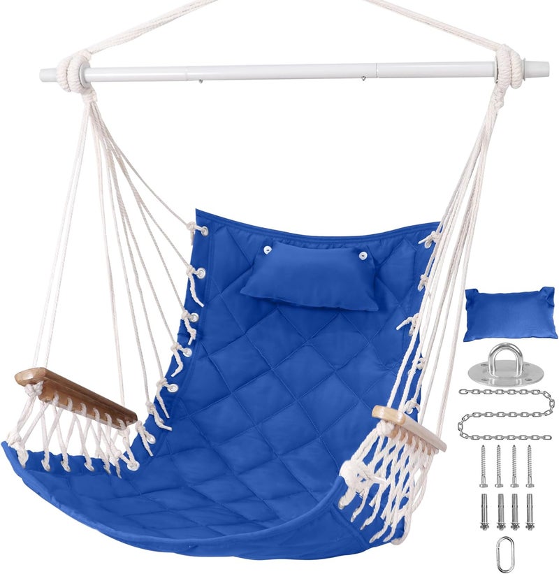 ROOITY Hammock Chair Hanging Swing with Wooden Armrests;Steel Spreader Bar,Pillows,Hardware kit Included;Cotton Woven ;Up to 350 Lbs,for Indoor Outdoor Blue - Image 1